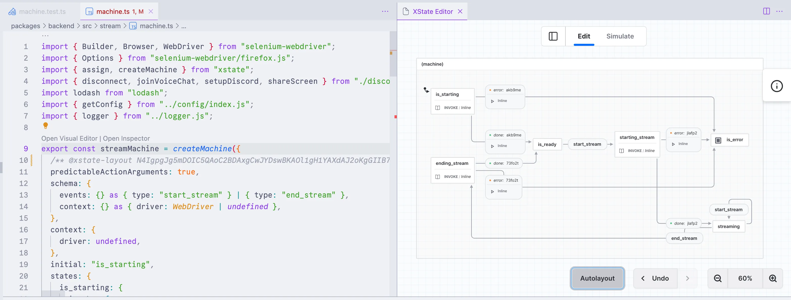 A screenshot of VS Code with a code pane to the left and a state machine diagram to the right.